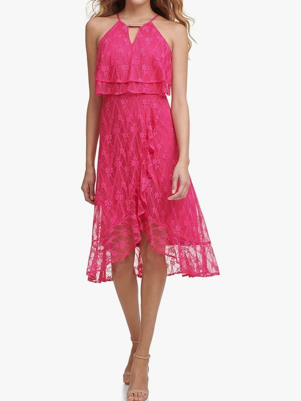 kenzie Fuchsia Lace Halter High-Low Dress